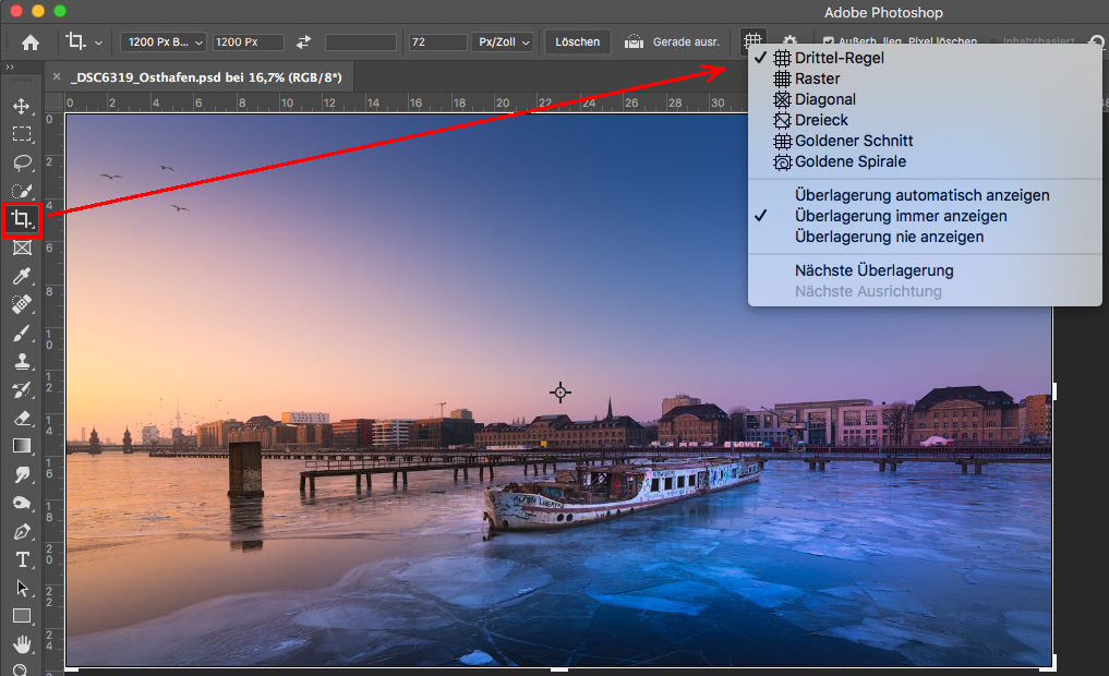 Photoshop Funktion beim Beschneiden-Werkzeug, wie man sich Kompositionsvorlagen anzeigen lassen kann